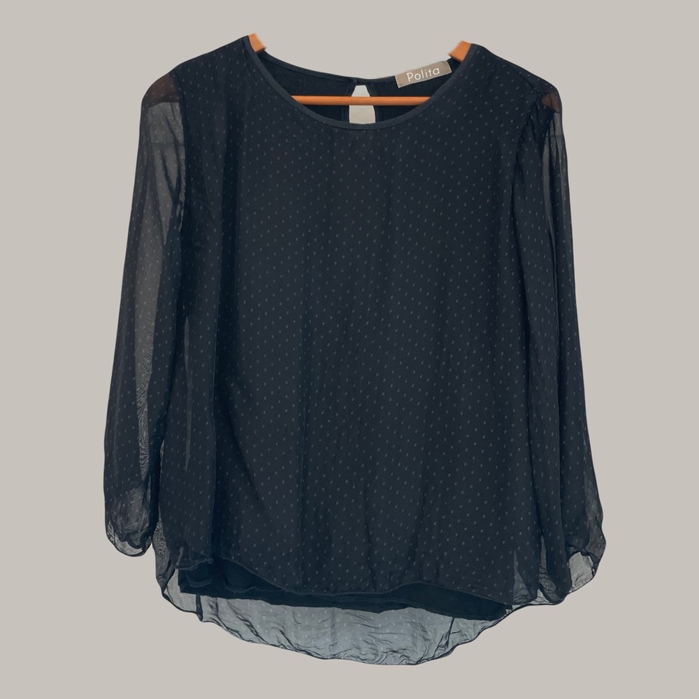 POLITA Italian Made Blouse Women’s Medium Black Sheer Crop Sleeve Classy Top